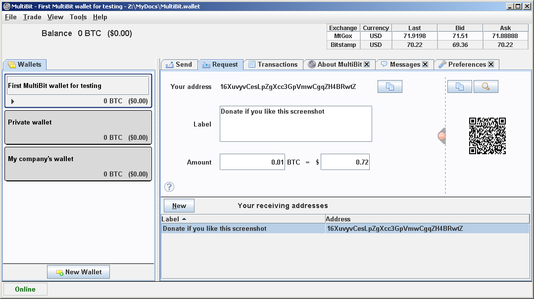 screenshot of Multibit with its Windows XP GUI and Metal theme